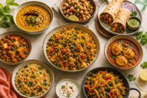 A colorful spread of easy Indian dinner ideas including vegetable rice, dal, chana chaat, egg curry, paneer curry and stuffed roti wraps.