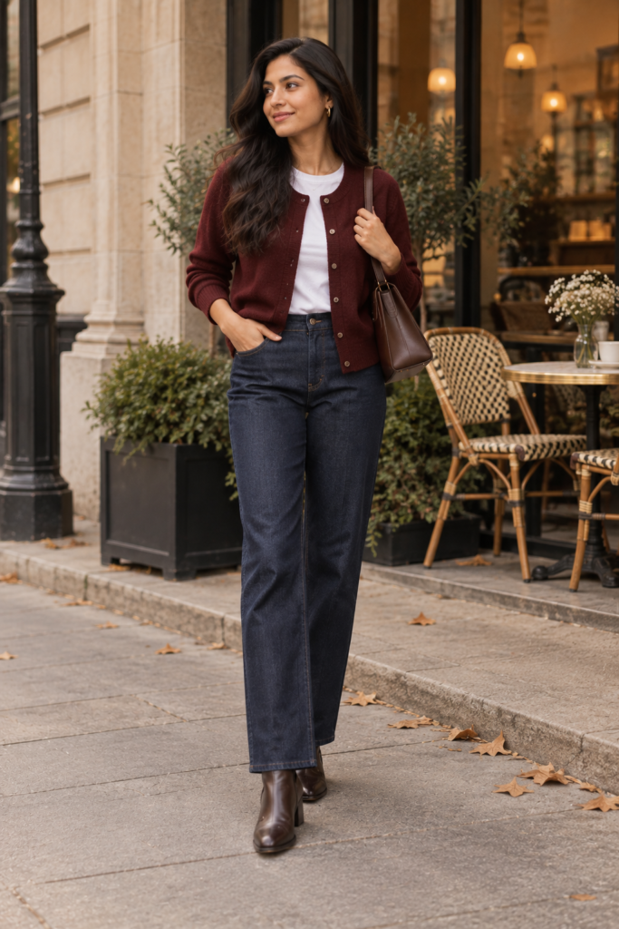 Full-length editorial image of a woman wearing a deep burgundy cardigan over a white crew-neck T-shirt with dark indigo straight-leg jeans, chocolate-brown ankle boots, a structured brown shoulder bag, and minimal gold jewelry outside a warm autumn café.
