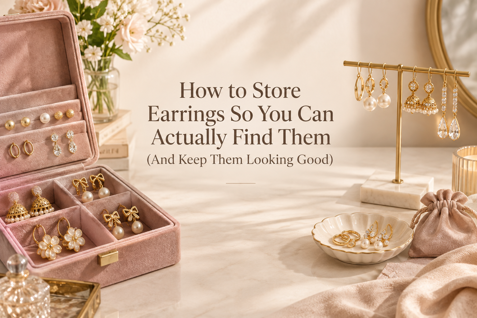 Elegant earring storage setup with stud, hoop, drop, and jhumka earrings organized in a dusty-pink jewelry box, hanging stand, tray, and soft pouch on a warm cream vanity.