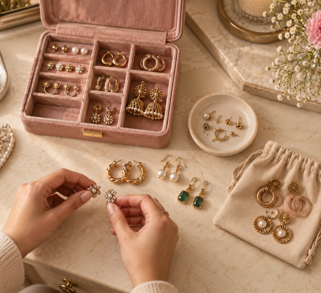 Overhead editorial image of a woman sorting earrings into three groups on a warm cream dressing table, with frequently worn pairs beside an open dusty-pink jewelry box, damaged pieces set aside for repair, and unwanted wearable earrings placed in a small fabric pouch.