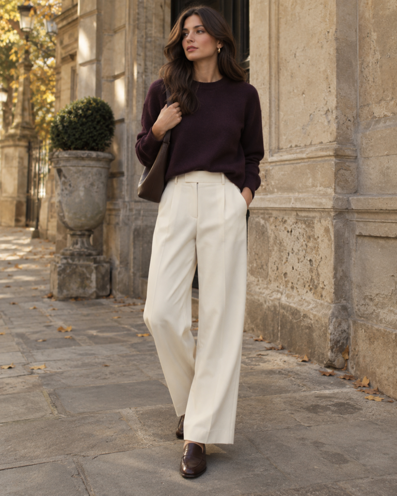 Full-length editorial image of a woman wearing a deep eggplant-purple knit sweater with high-waisted cream wide-leg trousers, dark brown loafers, a structured brown shoulder bag, and minimal gold jewelry on a warm autumn city street.
