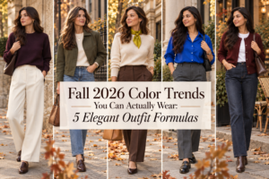 Editorial collage showing five wearable Fall 2026 color trends—eggplant purple, olive green, chartreuse, electric blue, and burgundy—styled in polished everyday outfits for women.