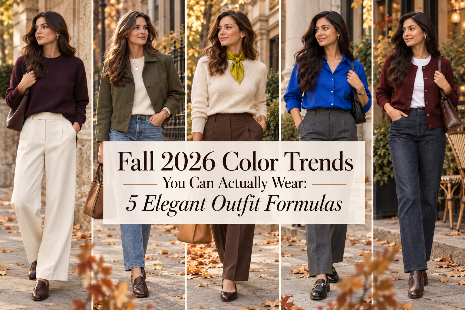 Editorial collage showing five wearable Fall 2026 color trends—eggplant purple, olive green, chartreuse, electric blue, and burgundy—styled in polished everyday outfits for women.