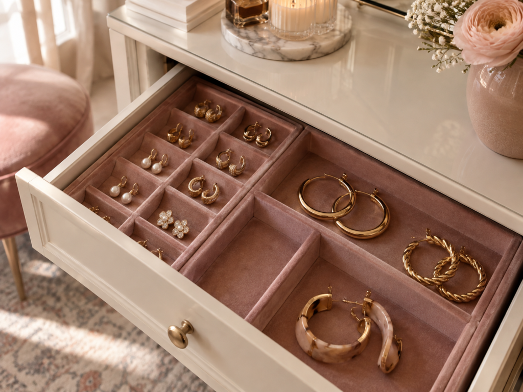 Elegant jewelry storage drawer lined with dusty-rose velvet, featuring small gold huggie earrings in individual compartments and larger gold hoop earrings arranged in wider sections on a warm cream vanity.