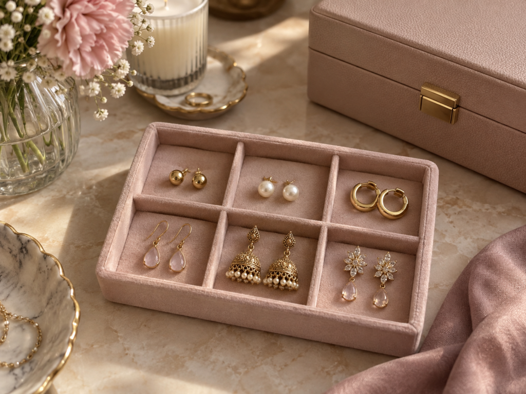 Overhead editorial image of a dusty-pink jewelry tray holding six everyday earring pairs, including gold studs, pearl studs, small hoops, minimal drop earrings, understated jhumkas, and a dressier crystal pair, with a closed jewelry box in the background.