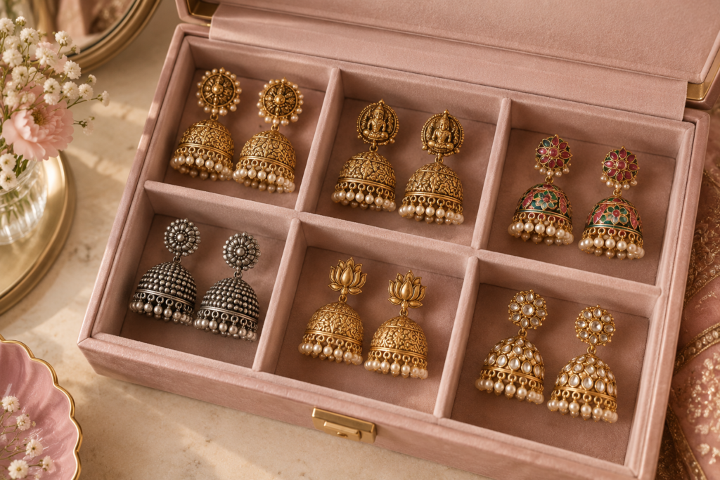 Overhead editorial image of Indian jhumka earrings stored in separate blush velvet compartments, featuring gold, oxidized silver, meenakari, lotus, and kundan-style pairs arranged neatly with space between each set.