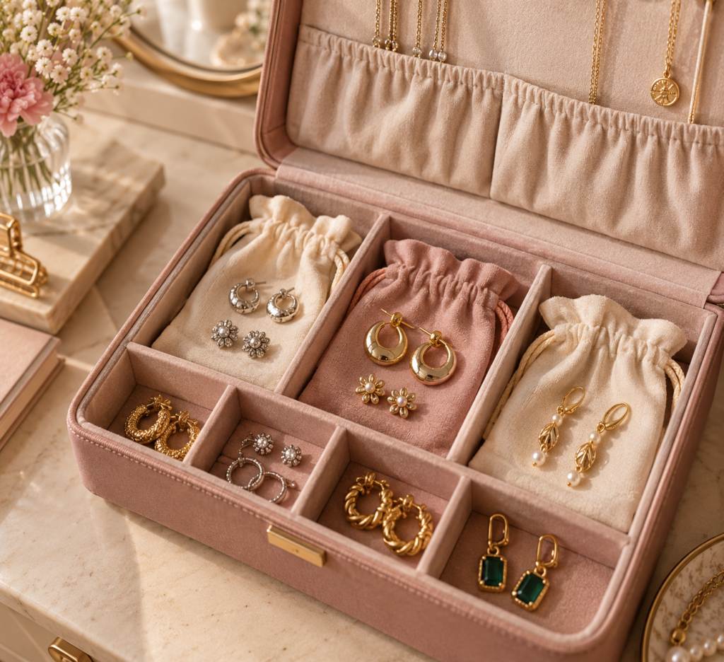 Editorial image of a dusty-pink jewelry box storing delicate silver and gold-plated earrings in separate velvet-lined compartments and soft fabric pouches on a warm cream dressing table.