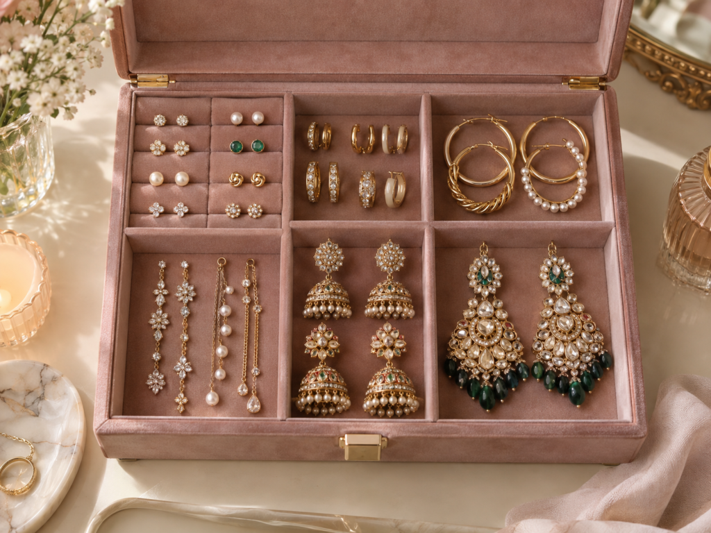 Overhead editorial image of an open dusty-pink velvet jewelry box organized by earring type, with separate sections for studs, huggies, medium hoops, long danglers, Indian jhumkas, and large statement earrings on a warm cream dressing table.