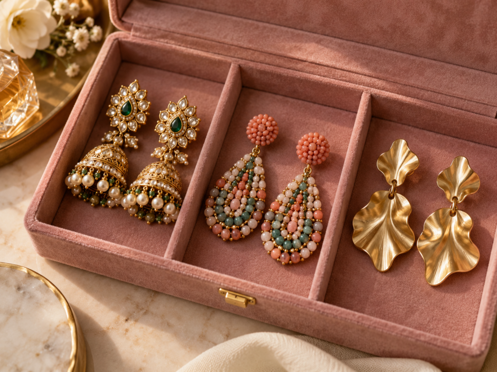 Luxury jewelry storage box with heavy statement earrings laid flat in separate dusty-rose velvet compartments, including an ornate Indian pair, colorful beaded earrings, and sculptural gold-tone earrings.