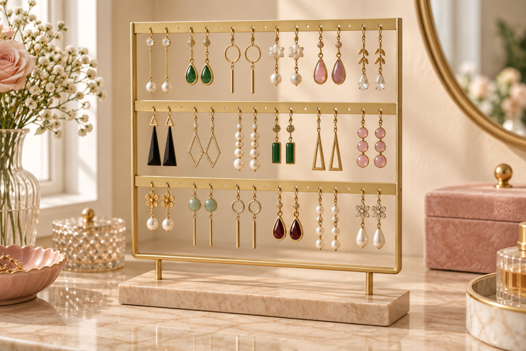 Multi-tier gold earring holder displaying neatly spaced pearl, gemstone, crystal, and gold drop earrings on a warm marble vanity with blush-pink accents and soft natural light.