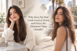Woman shown with smooth hair indoors and frizzy hair outdoors, illustrating how humidity and outdoor conditions can affect styled hair.