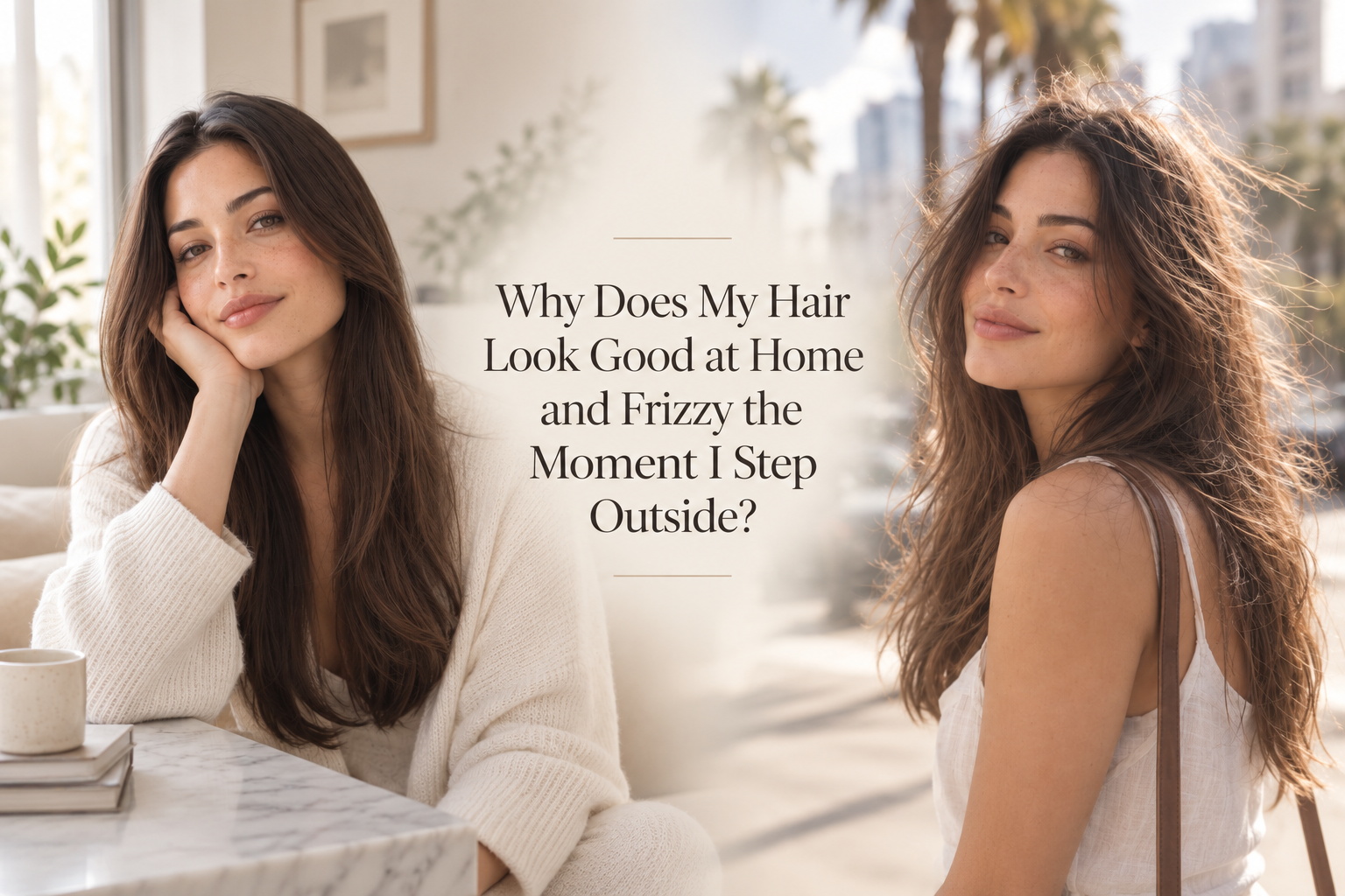 Woman shown with smooth hair indoors and frizzy hair outdoors, illustrating how humidity and outdoor conditions can affect styled hair.