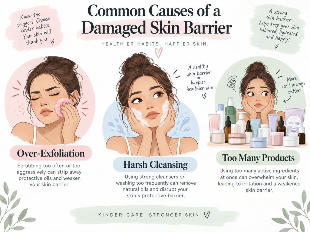 Infographic showing common causes of a damaged skin barrier, including over-exfoliation, harsh cleansing, and using too many skincare products.