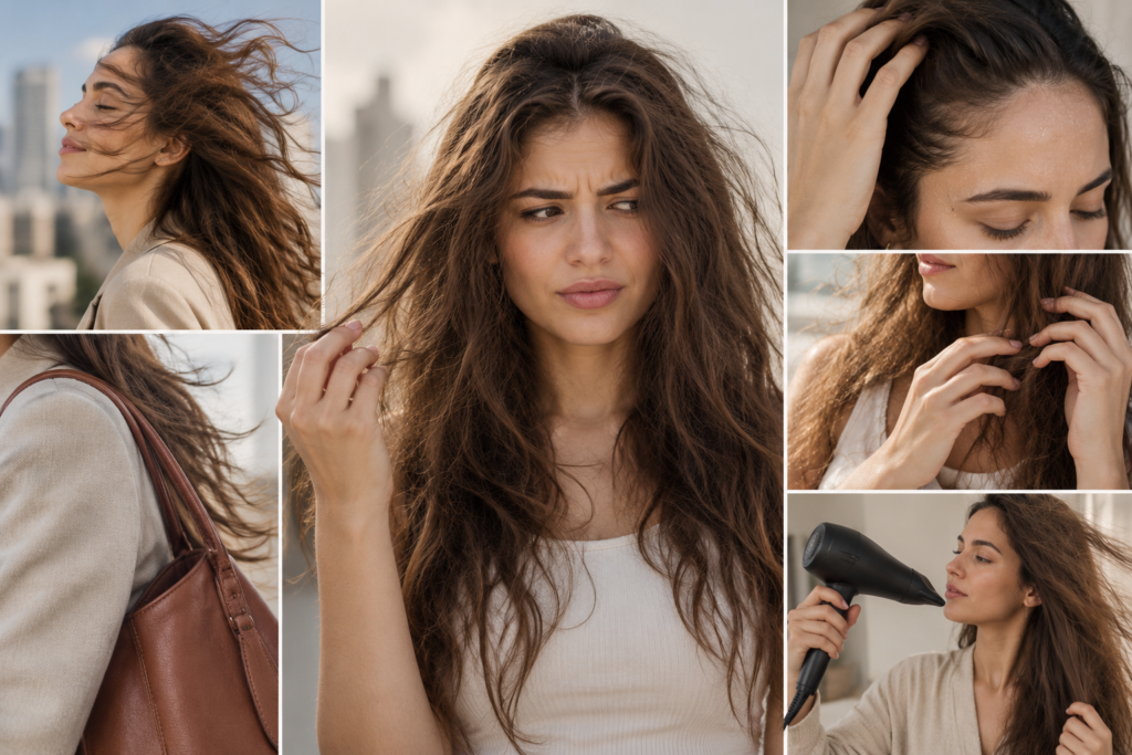 Collage showing common causes of frizzy hair, including wind, sweat, touching hair, friction, and heat styling.