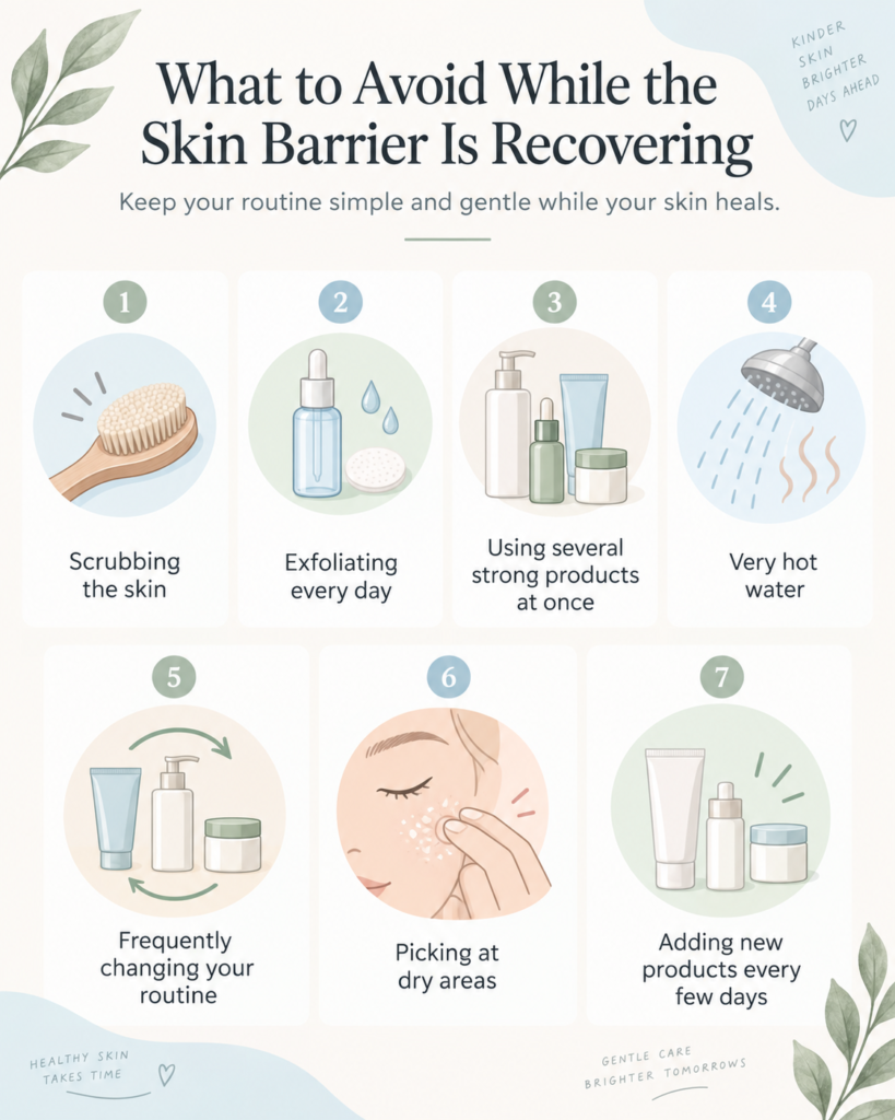 Infographic showing seven things to avoid while the skin barrier is recovering, including scrubbing, daily exfoliation, strong products, hot water, frequent routine changes, picking dry skin, and adding new products too often.
