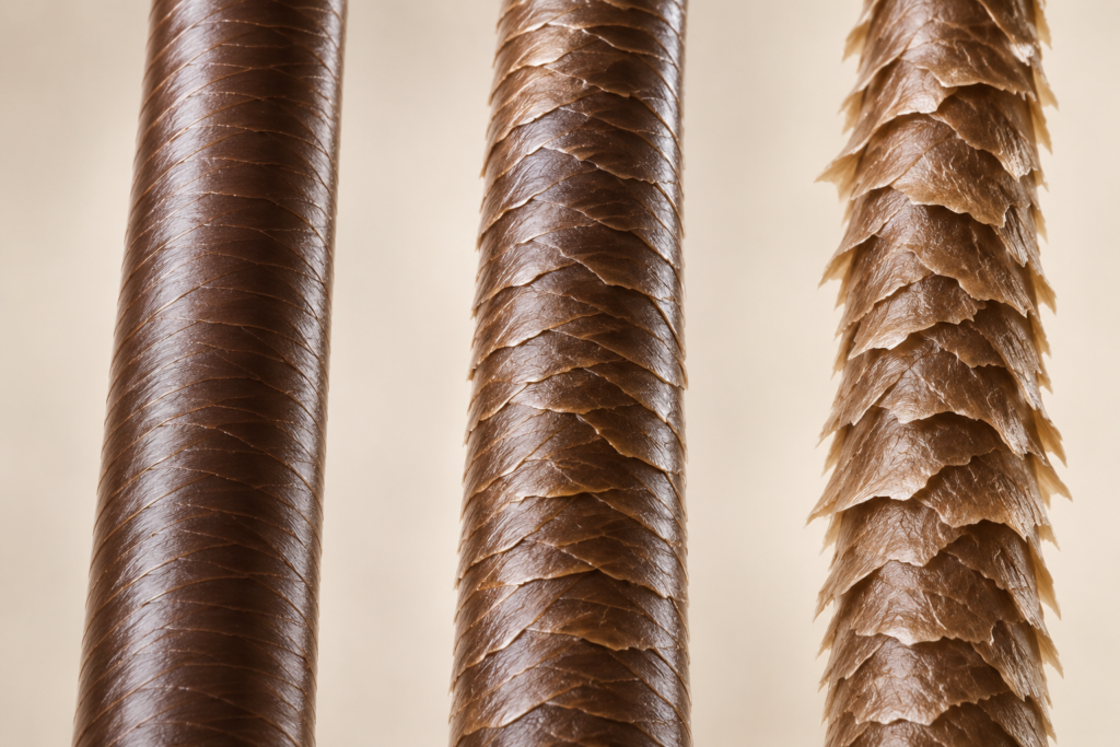 Close-up comparison of hair strands showing smooth, moderately raised, and highly lifted cuticle layers.