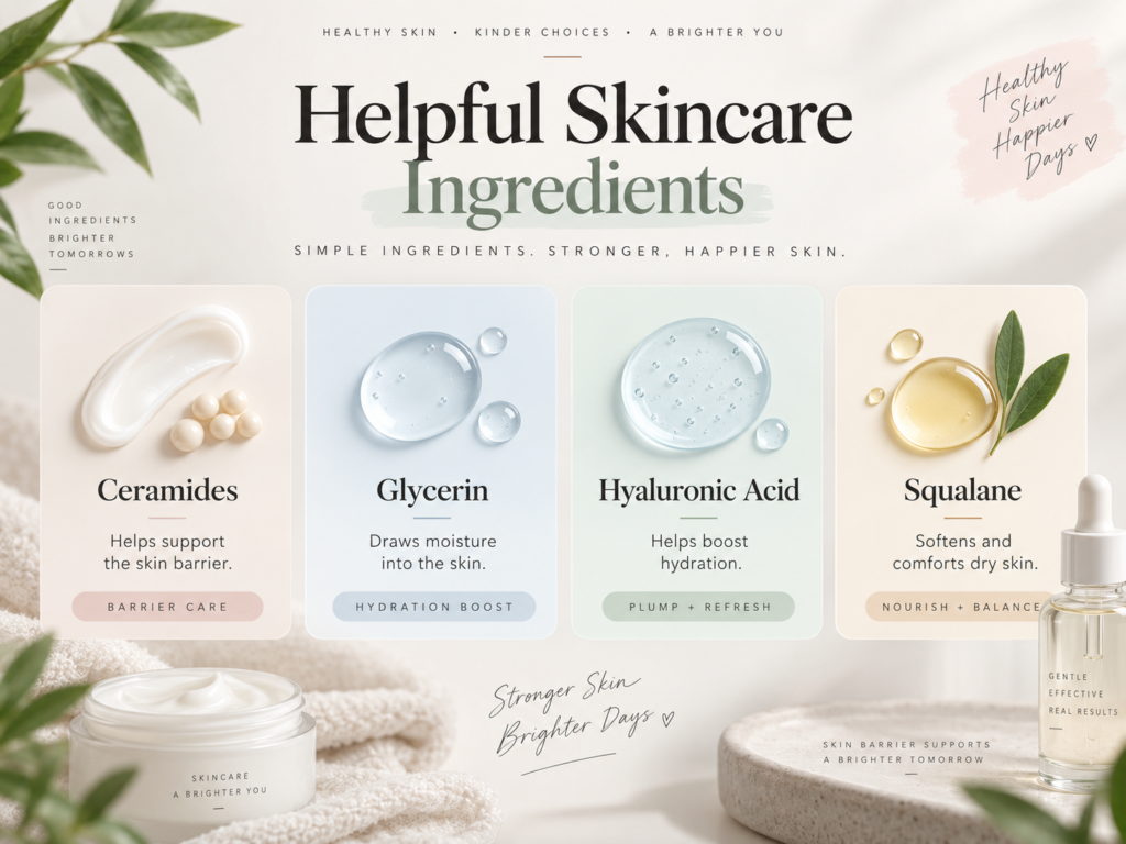 Skincare ingredients infographic featuring ceramides, glycerin, hyaluronic acid, and squalane, with brief descriptions of their benefits for skin barrier support, hydration, and dry skin.