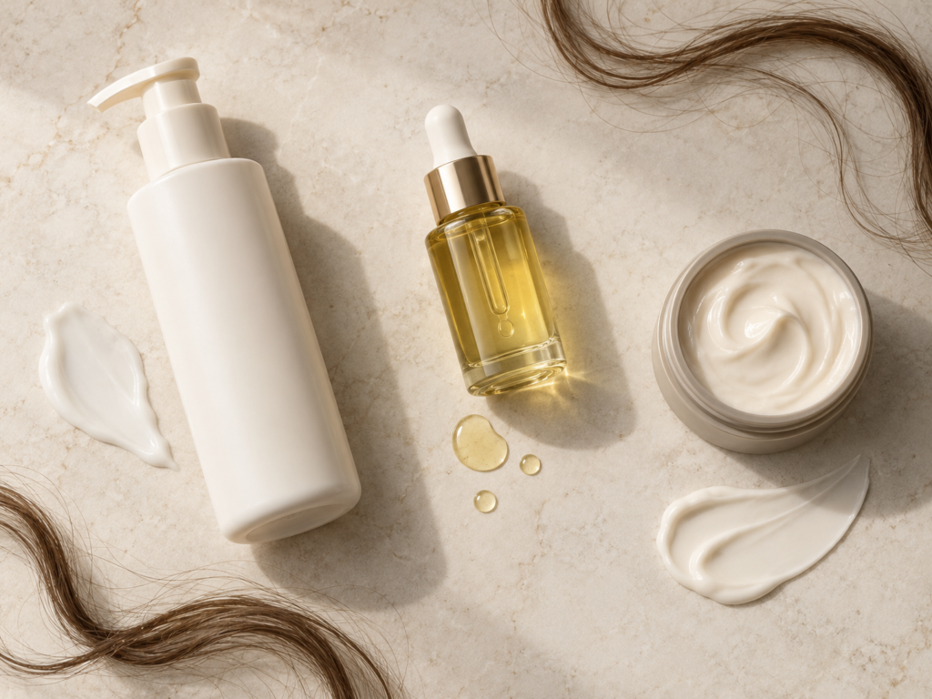 Minimal flat lay of conditioner, hair oil, and styling cream arranged on a neutral surface with strands of hair.