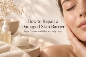 Woman with healthy-looking skin beside skincare products for a guide on how to repair a damaged skin barrier.
