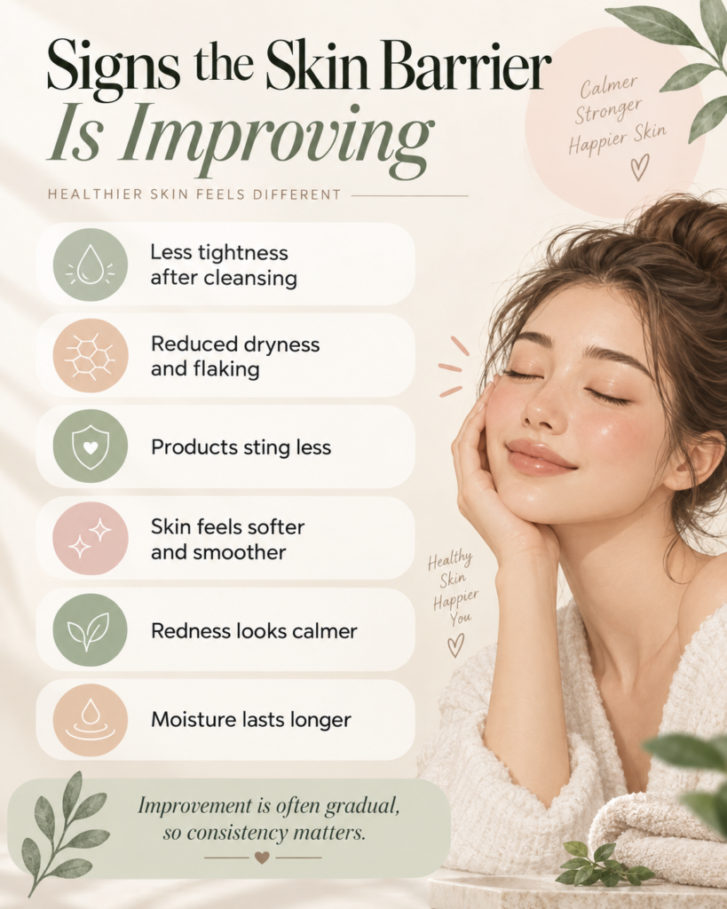 Infographic showing signs the skin barrier is improving, including less tightness, reduced dryness, less stinging, smoother skin, calmer redness, and longer-lasting moisture.