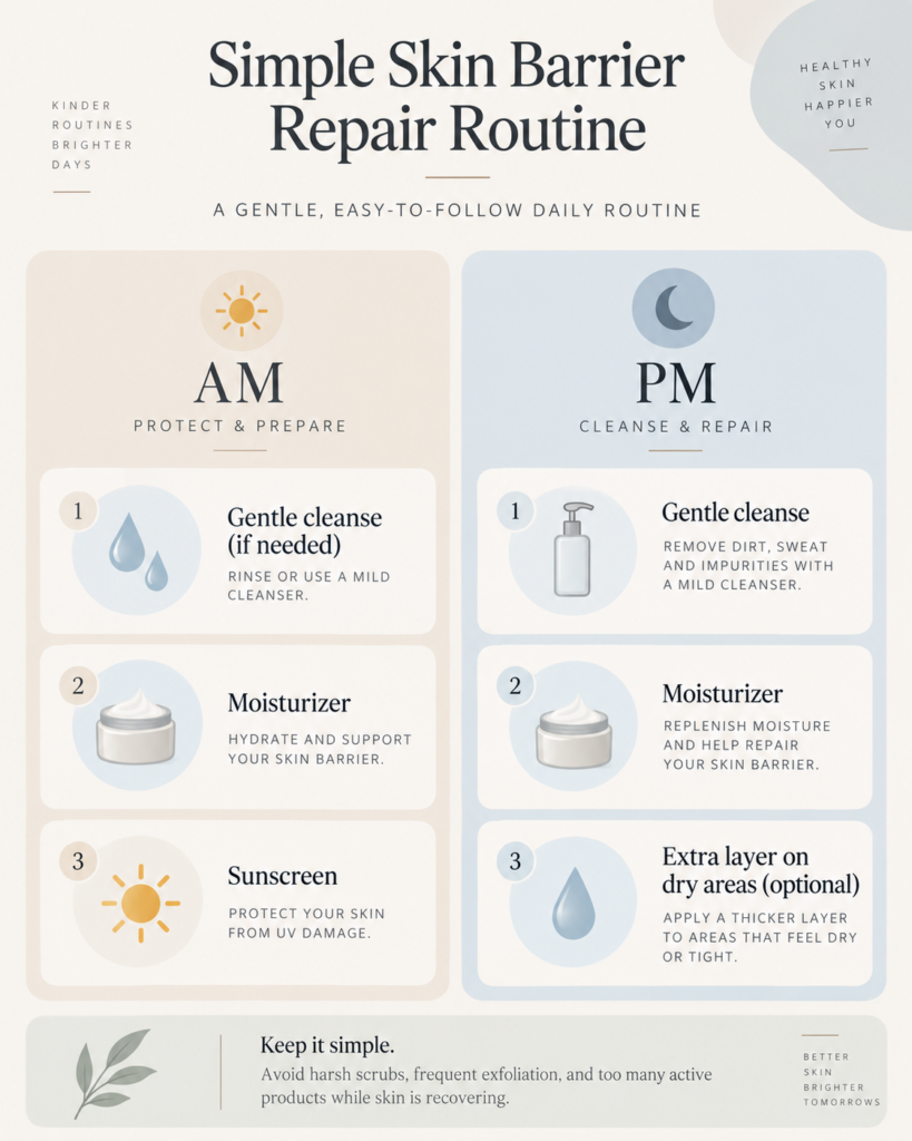 Infographic showing a simple morning and evening skin barrier repair routine, with steps for gentle cleansing, moisturizer, sunscreen, and optional extra moisturizer on dry areas.