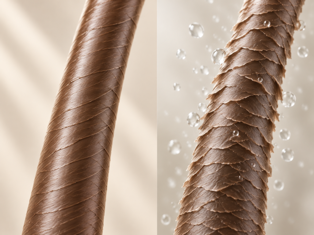 Side-by-side illustration of a smooth hair strand and a moisture-affected strand with raised cuticles caused by humidity.
